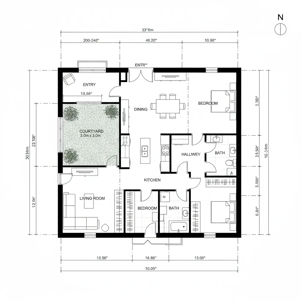 Professional 2D floor plan featuring a central courtyard surrounded by kitchen dining and bedroom spaces