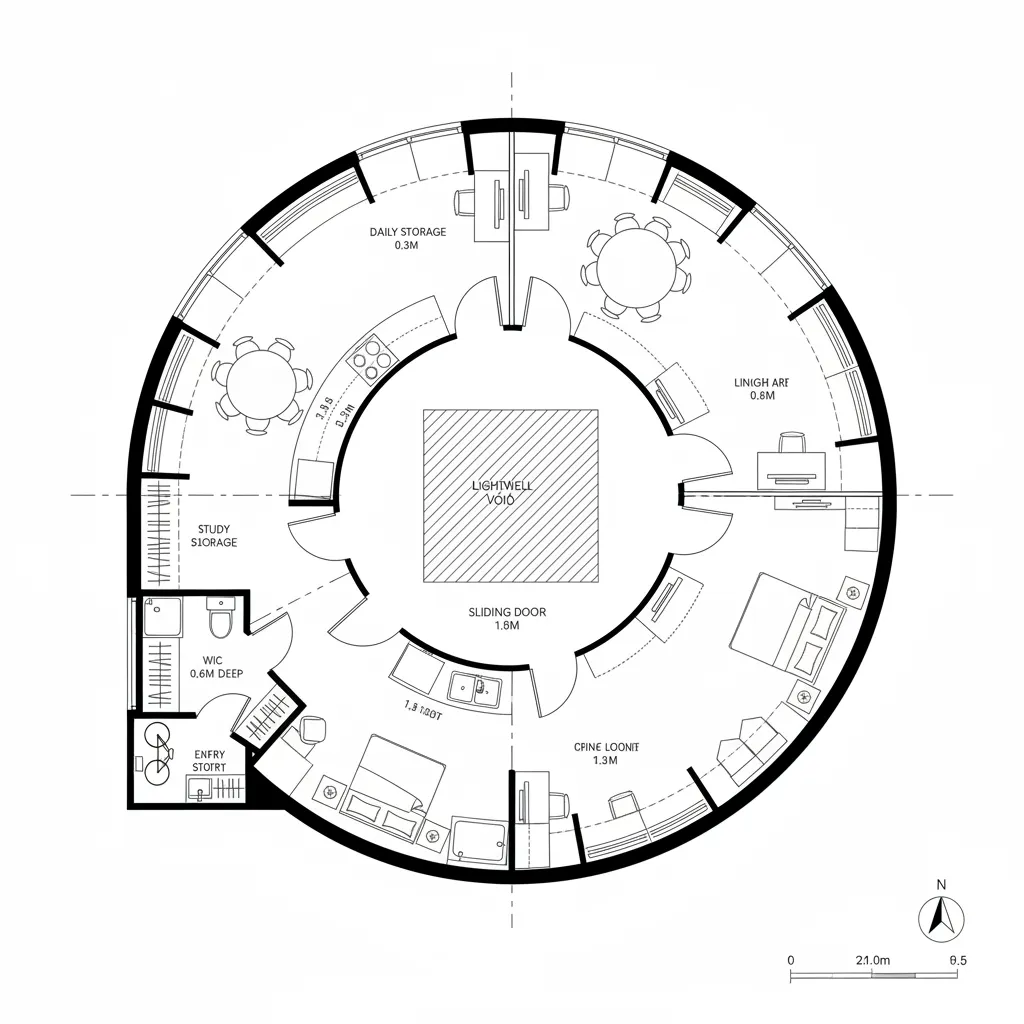 Circular floor plan with a central courtyard surrounded by living areas kitchen bedrooms and office