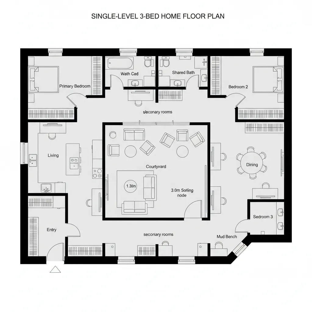 Top-down CAD plan with perimeter loop circulation around an inner courtyard
