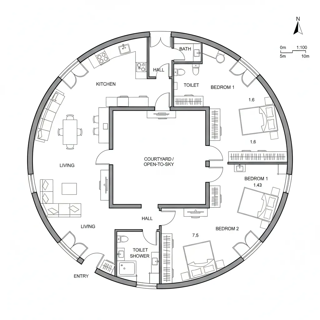 Circular room layout with a central square open courtyard including kitchen living area and three bedrooms