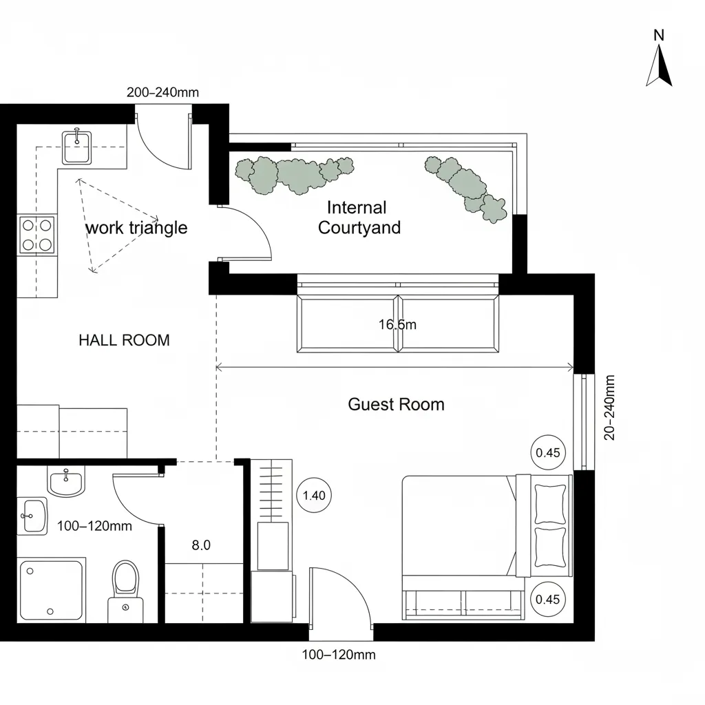 Room layout drawing showing a guest bedroom with small bathroom kitchen area and internal courtyard