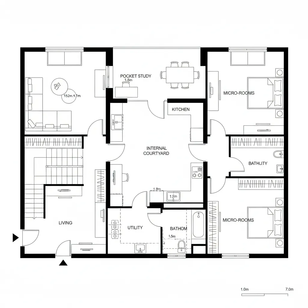 2D CAD plan with a compact courtyard and orbiting micro-rooms connected by a loop corridor