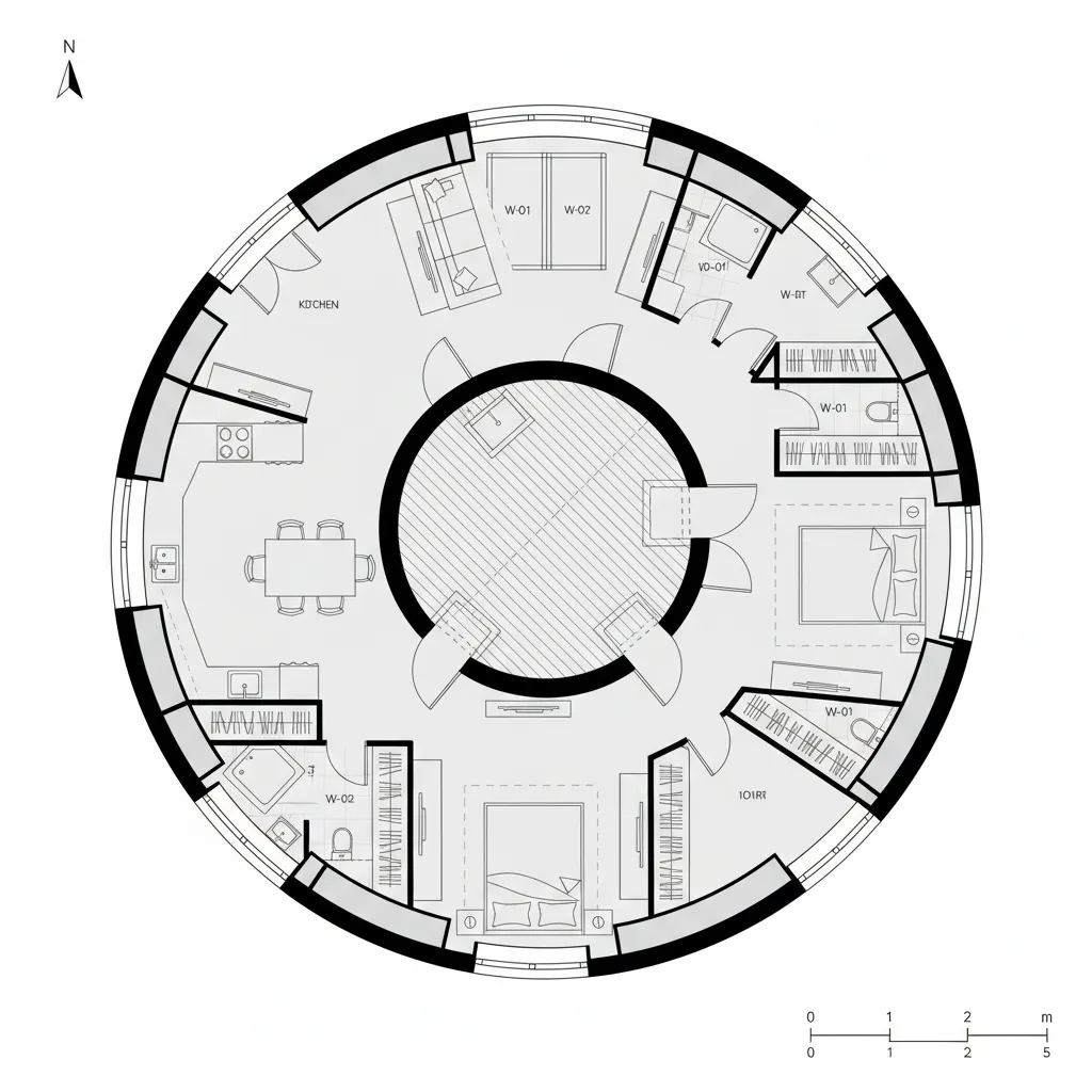 Top-down CAD plan of a one-bedroom with a looped path around a central light well