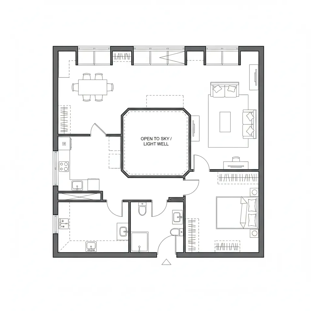 Top-down CAD plan of a one-bedroom with a courtyard light well and continuous loop circulation