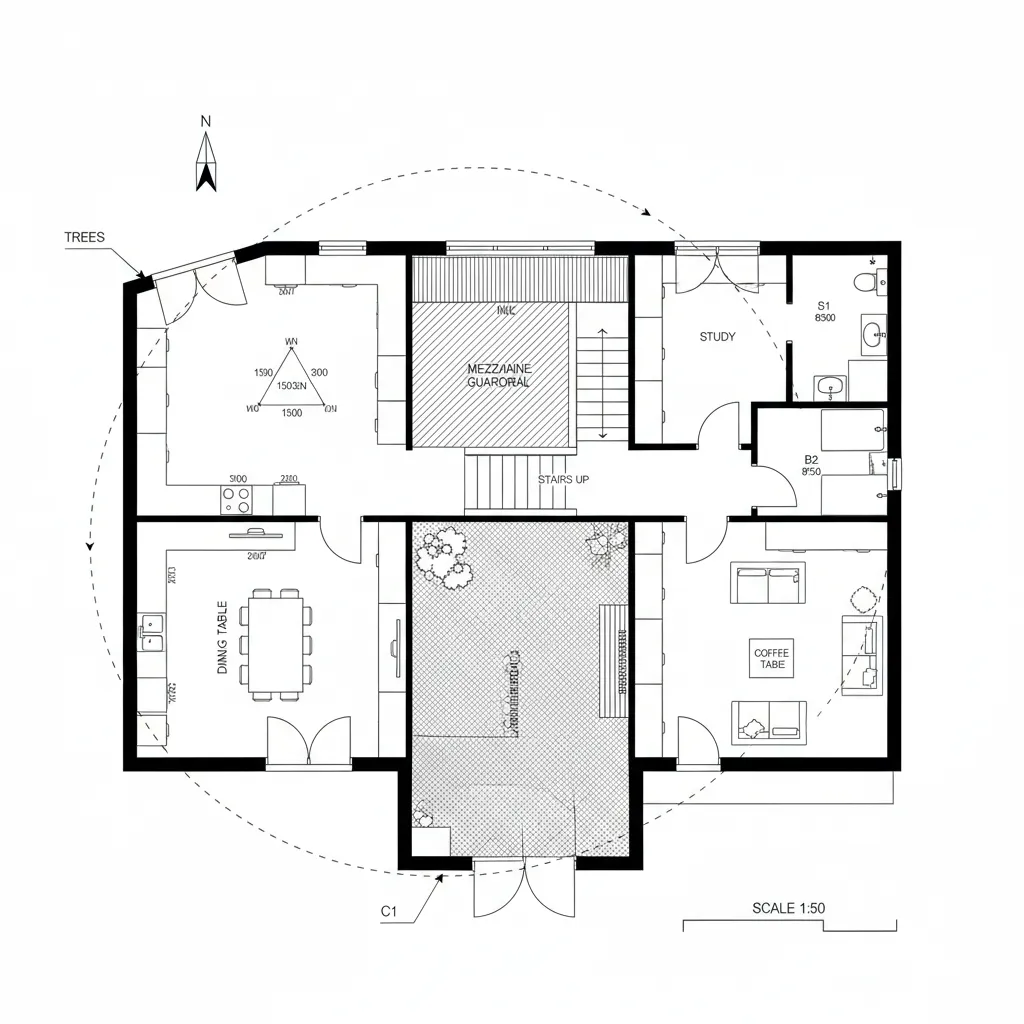 Top-down CAD plan of a foyer-anchored loop around a pocket courtyard with mezzanine overlook