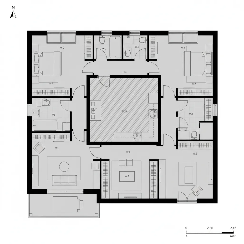 Modern floor plan layout with central shaded area surrounded by bedrooms bathrooms and living areas