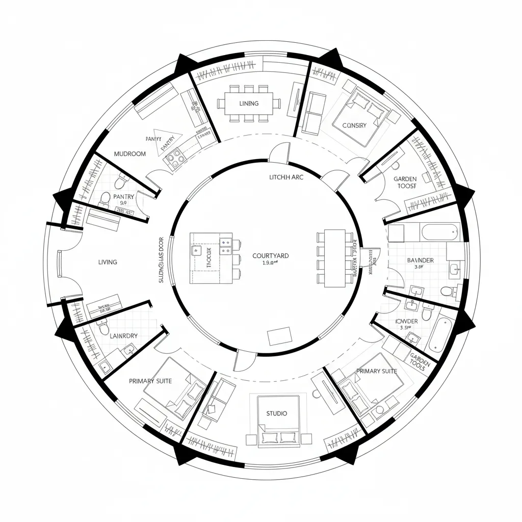 Top-down CAD plan of a donut-shaped ranch looping around a central courtyard for clear circulation