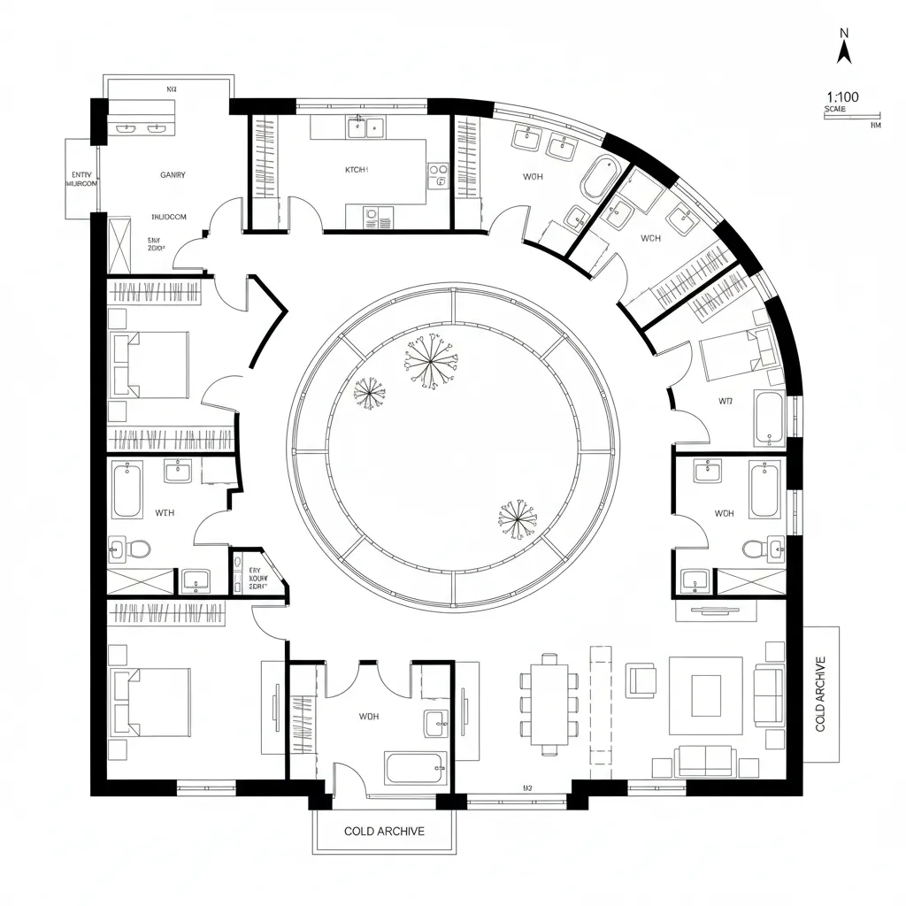 Top-down CAD floor plan of a courtyard loop ranch with circular hallway and central courtyard