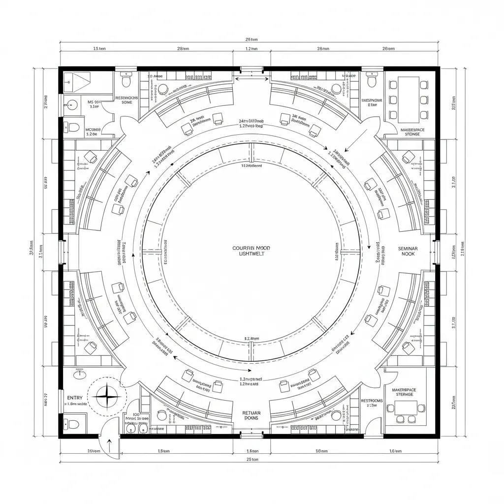 Interior design drawing showing a circular room layout with desks surrounding a large central round courtyard