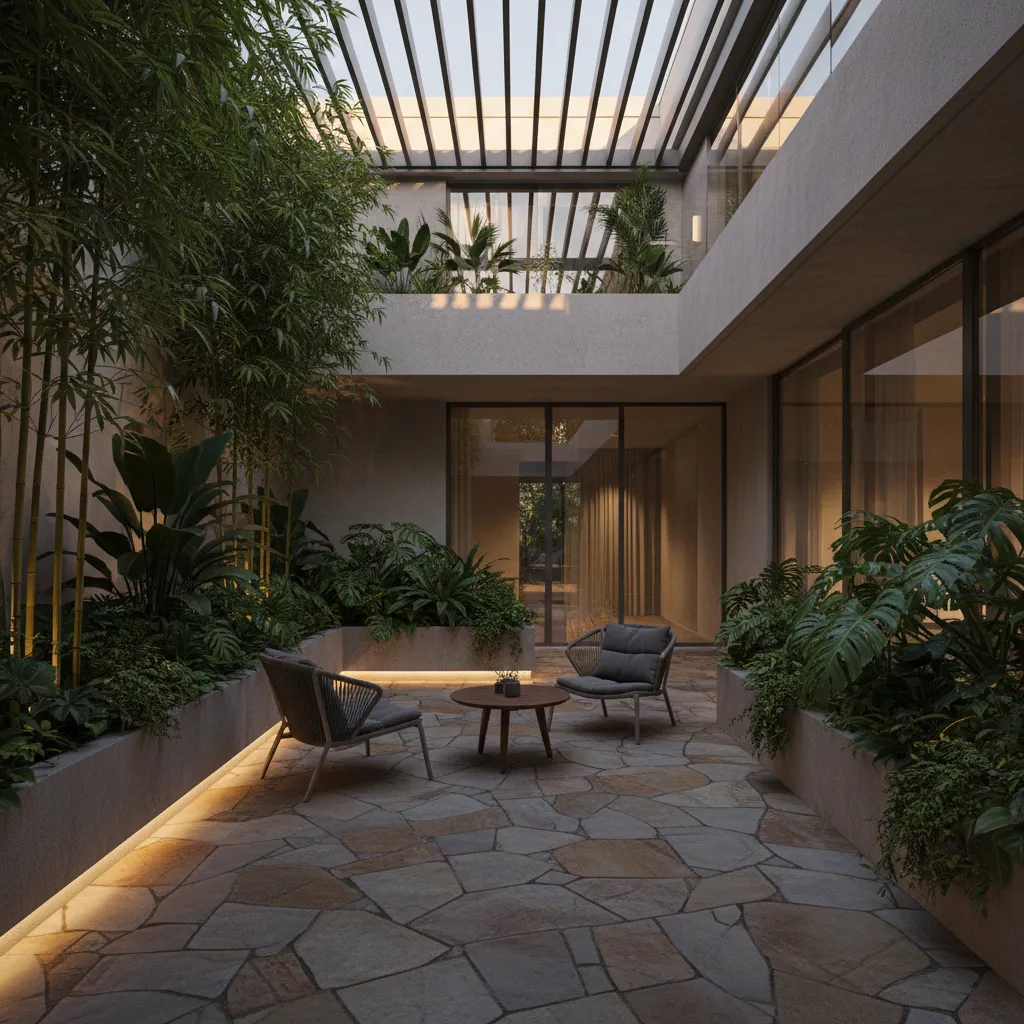 Patio interior moderno con pequeña zona de descanso