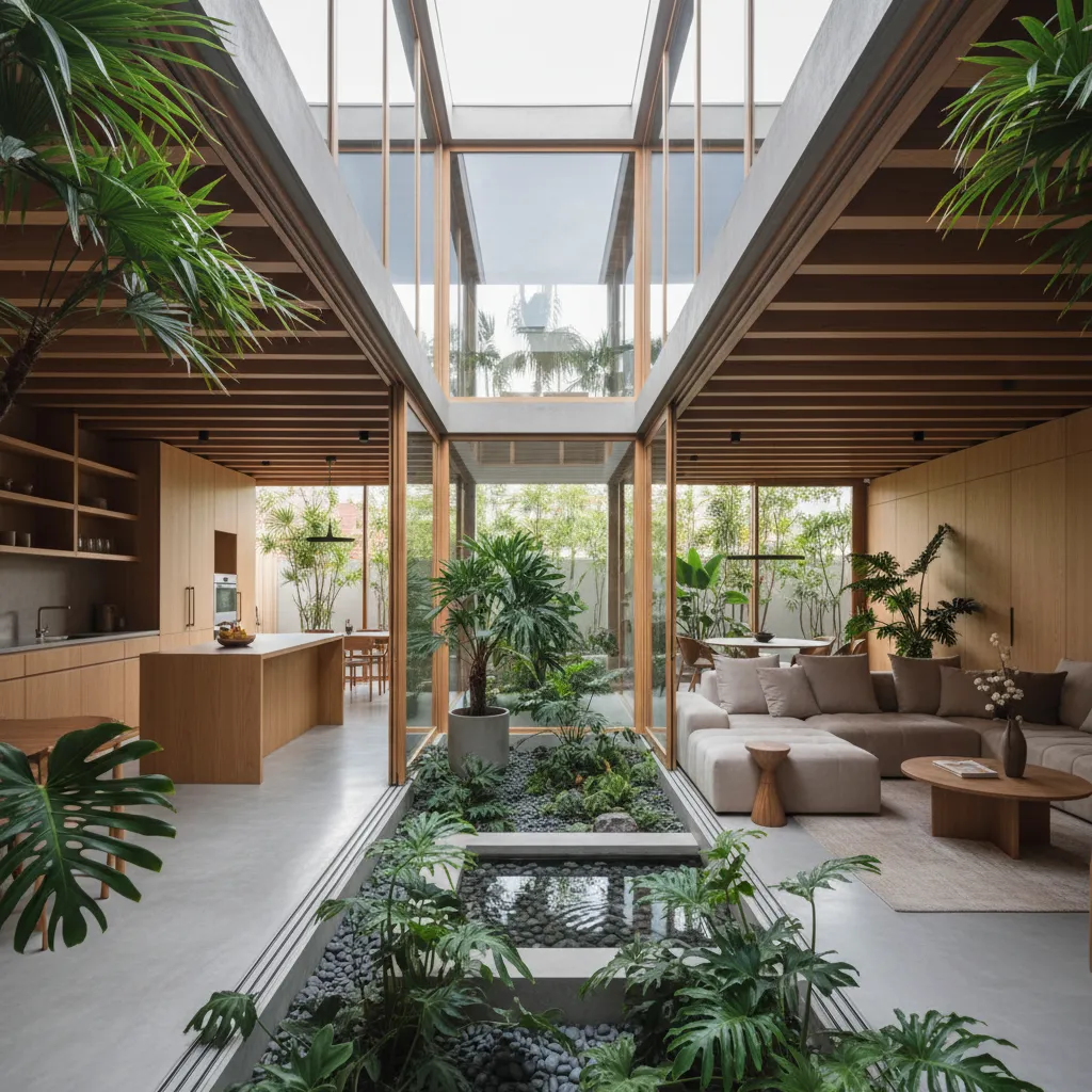Rumah minimalis dengan taman tengah dan pintu kaca besar