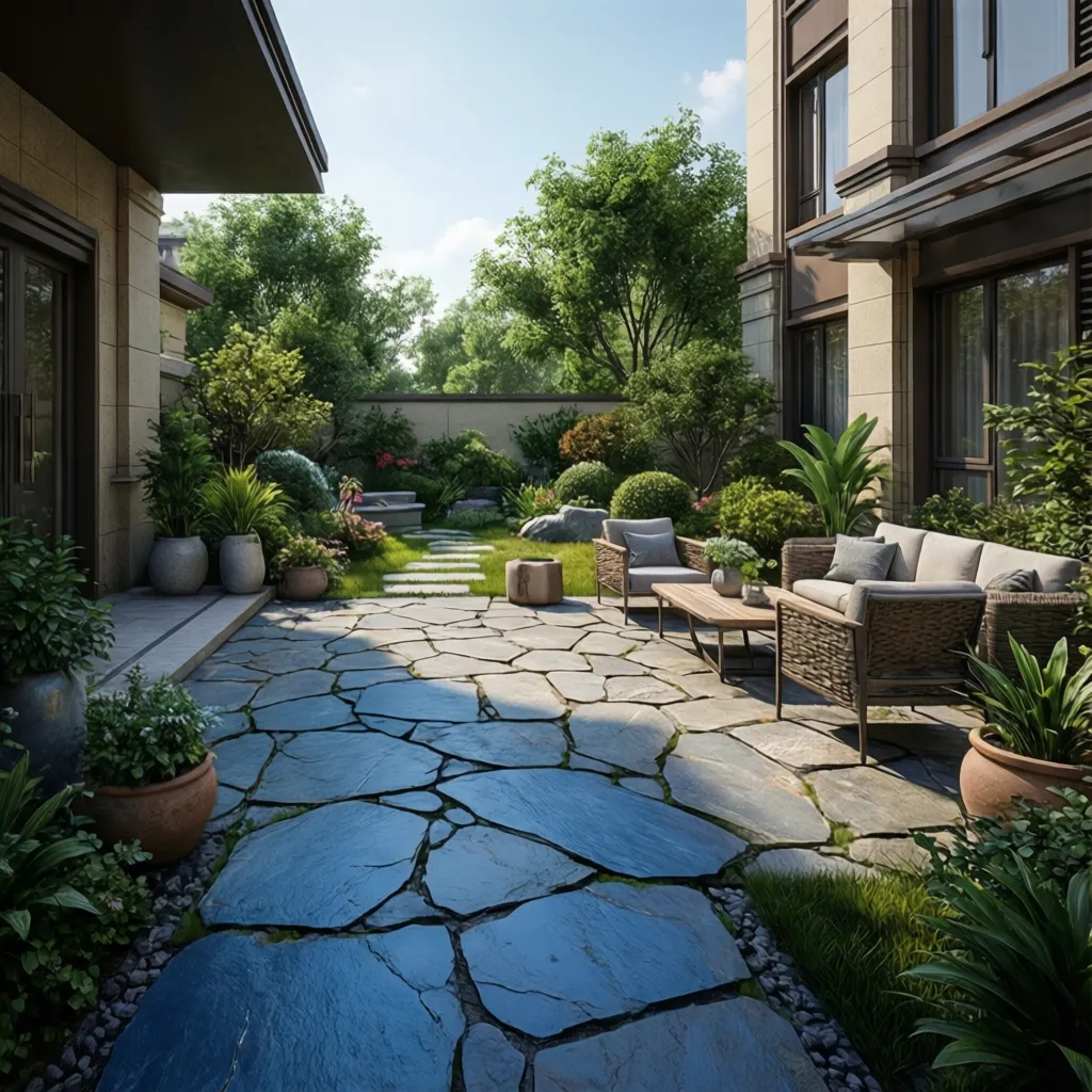 Residential courtyard patio with natural stone paving and garden seating