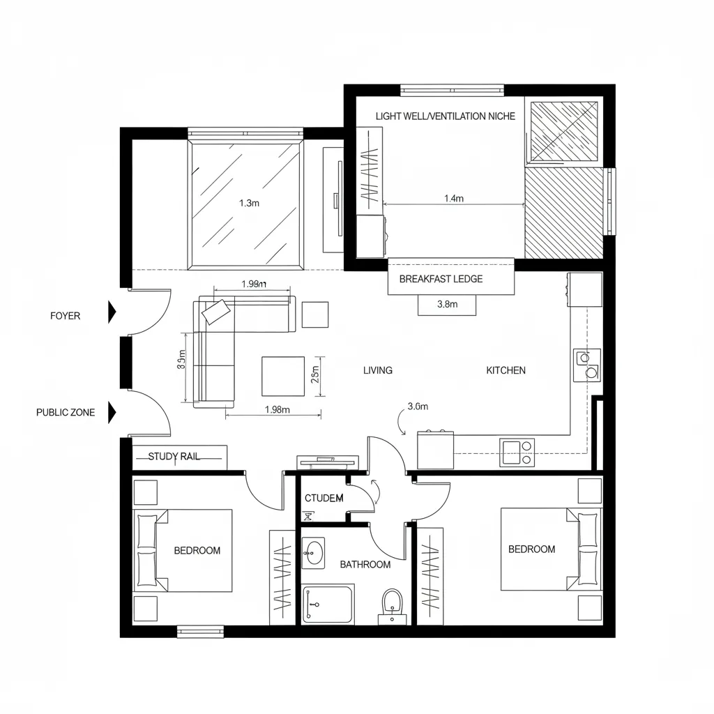 Top-down CAD plan with northeast pocket courtyard connected to living and kitchen