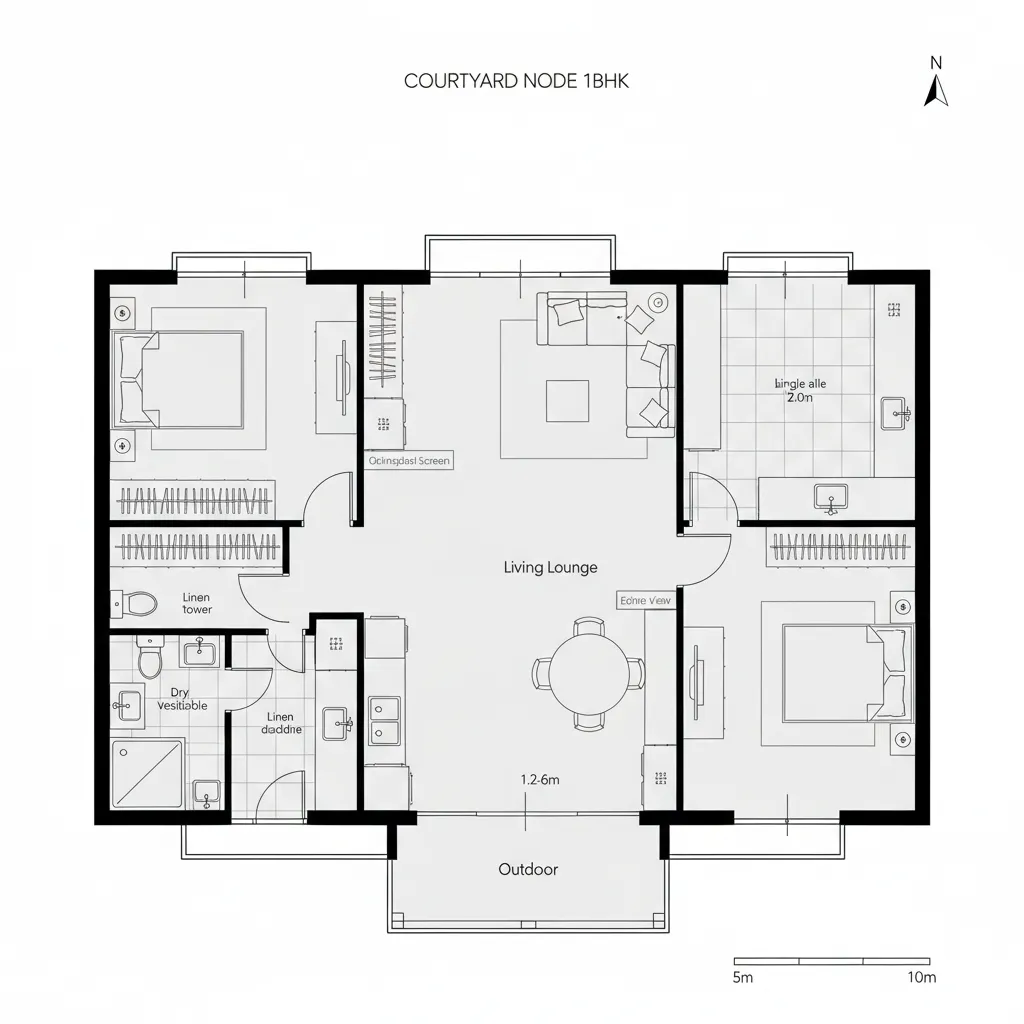 CAD plan showing central lounge node with orbiting kitchen, bedroom, and balcony