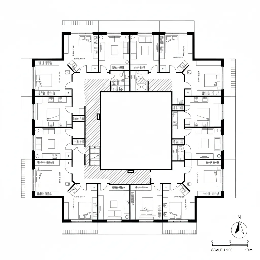 Modern floor plan layout with multiple rooms and furniture arranged around a large central courtyard