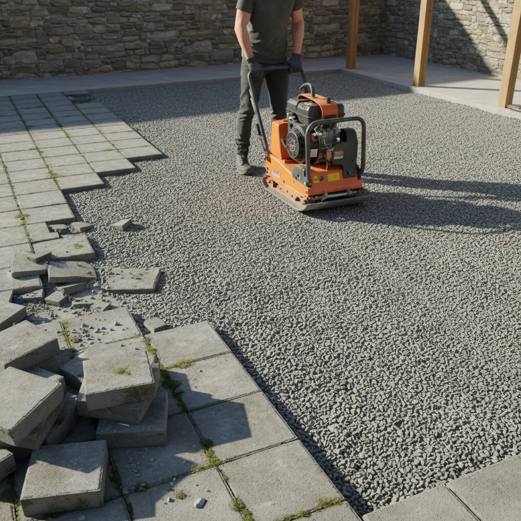 Compacting gravel base layer before reinstalling courtyard pavers