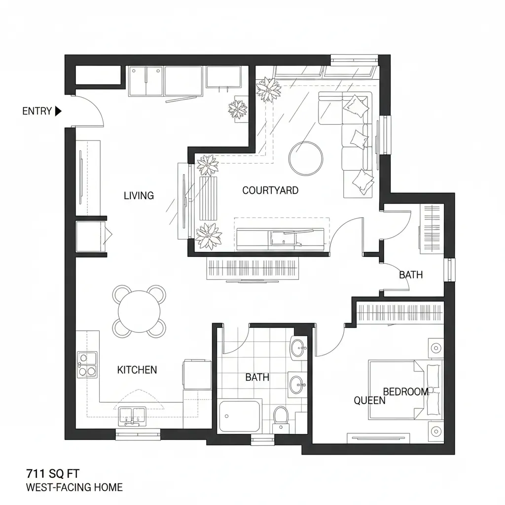 Top-down CAD plan with micro-atrium near west wall and an orbital living loop