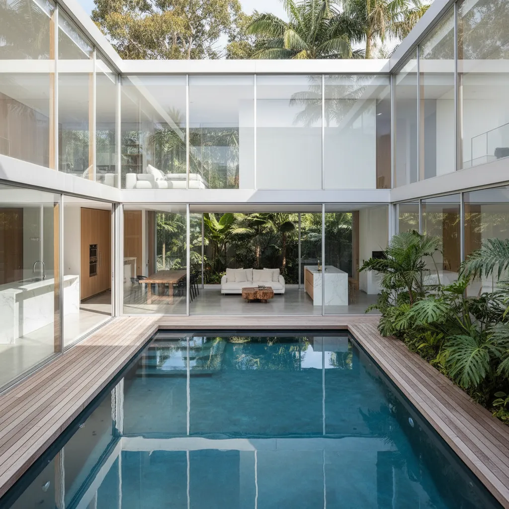 Kolam renang di tengah rumah konsep courtyard