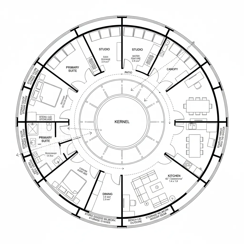 Unique circular house floor plan layout with rooms arranged around a central open courtyard area