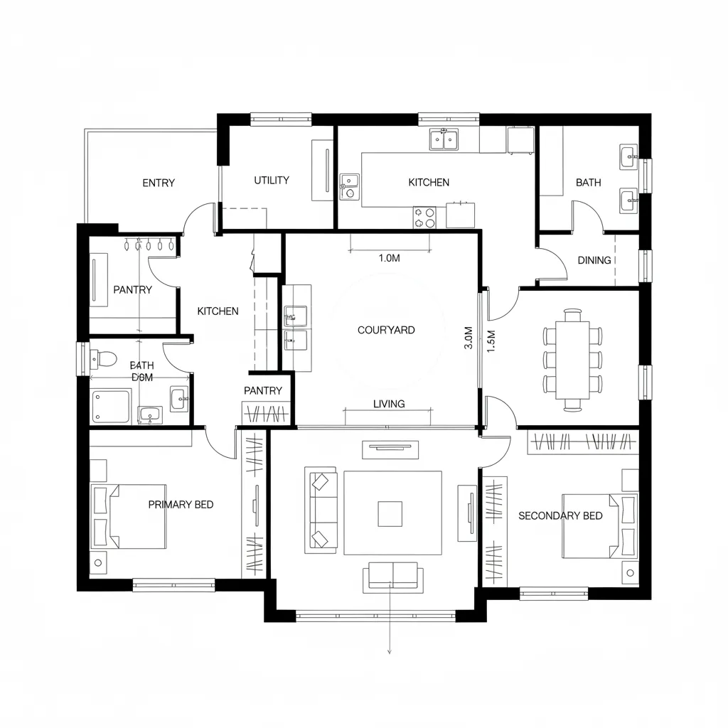 Top-down CAD plan with central courtyard and perimeter rooms