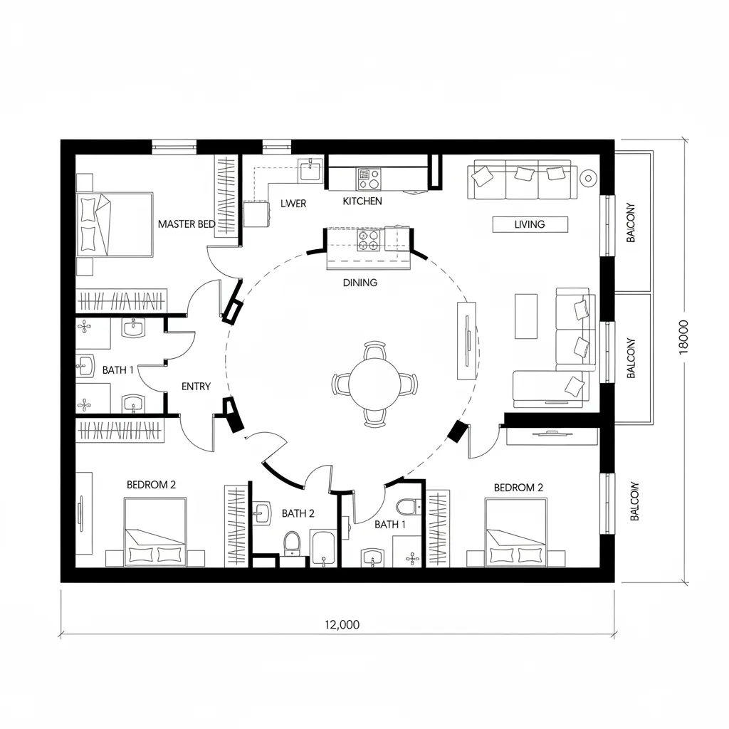 2D CAD plan with a looped circulation ring linking living, balcony, dining, kitchen, and bedrooms