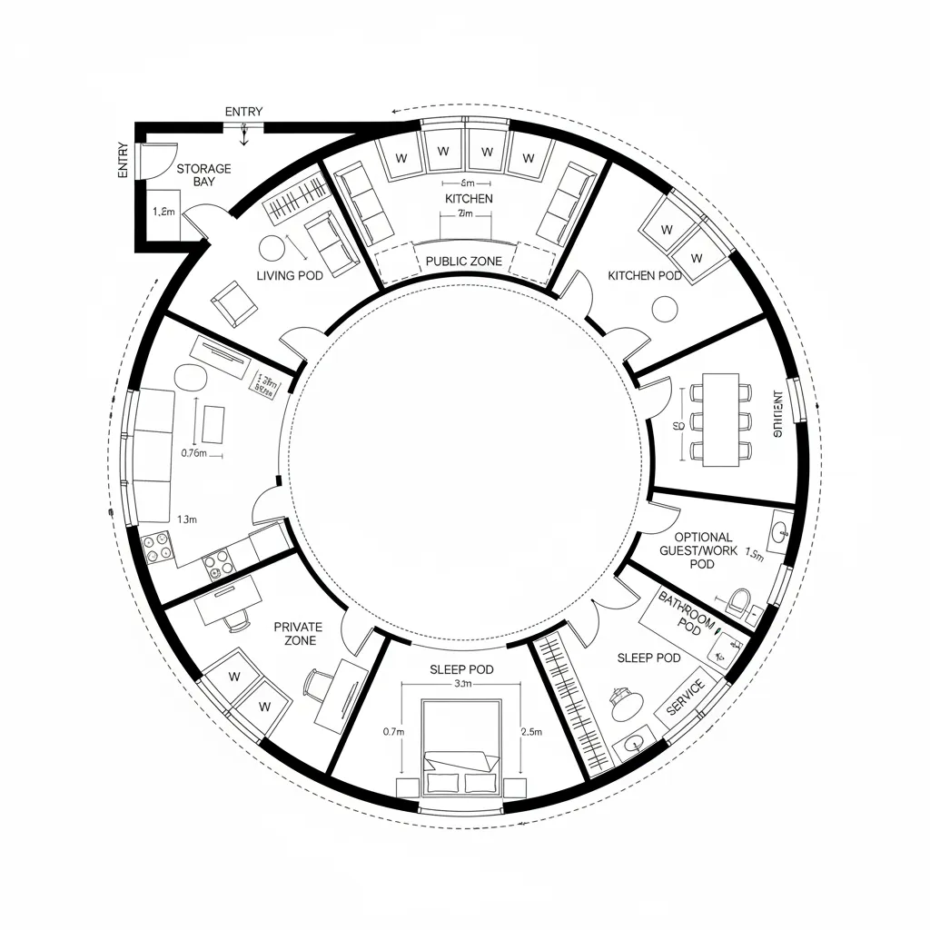 Top-down CAD plan of a courtyard ring with orbiting flexible pods and perimeter glazing