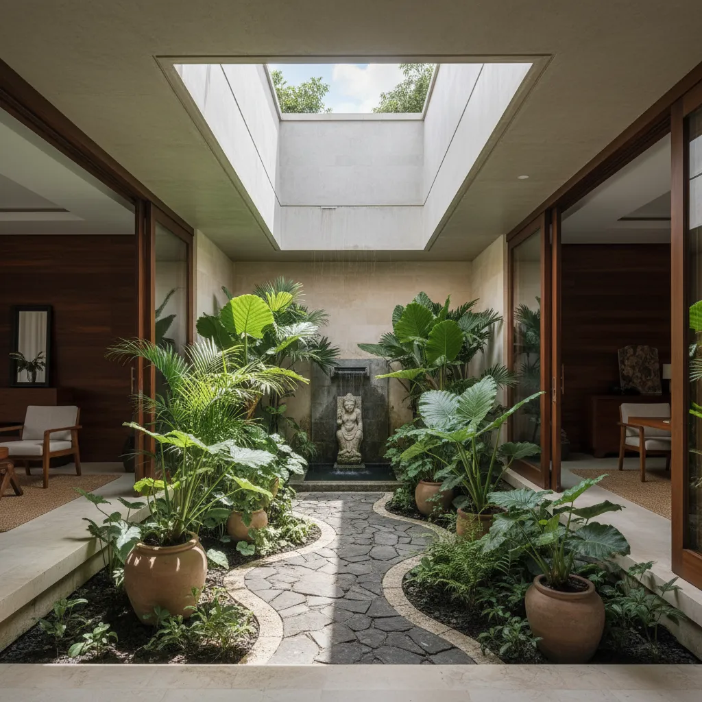 Taman tengah pada rumah bergaya Bali