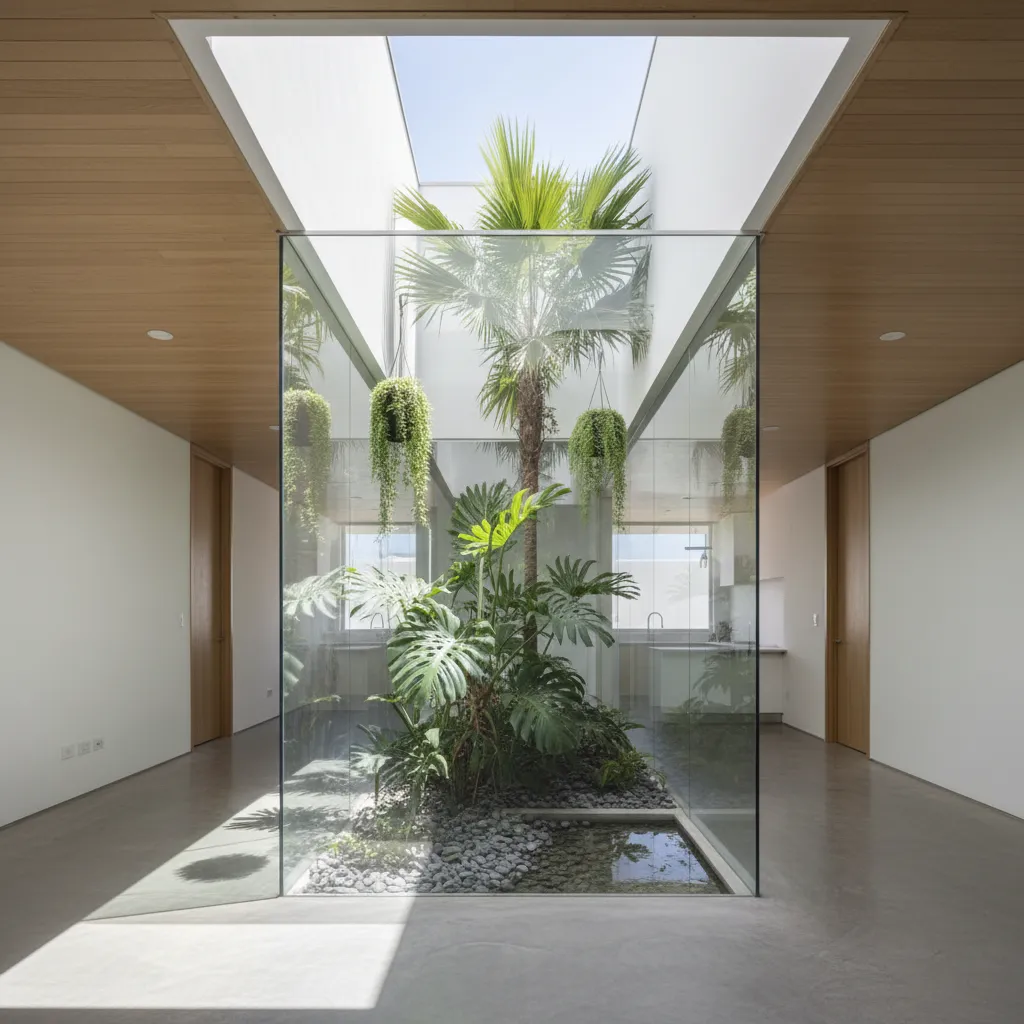 Taman kecil di tengah rumah memanjang