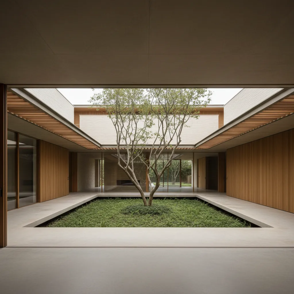 Courtyard as Operating System: A future-forward floor plan where the courtyard becomes the clock speed of daily life