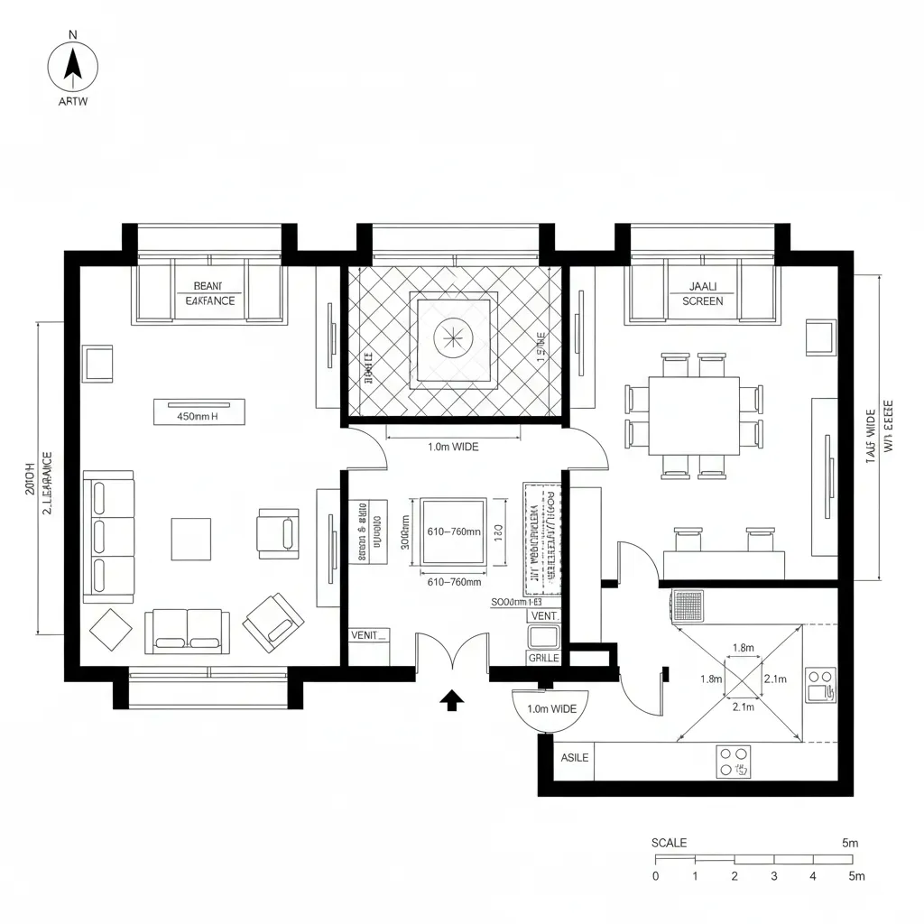 Top-down CAD plan of a courtyard-edge shrine with skylight and controlled circulation
