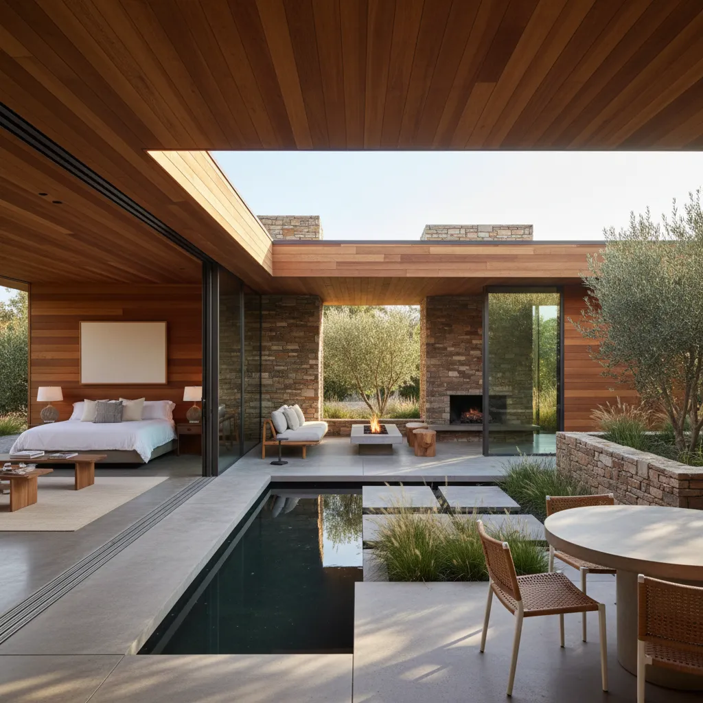 Casa de un piso con patio interior y grandes puertas correderas