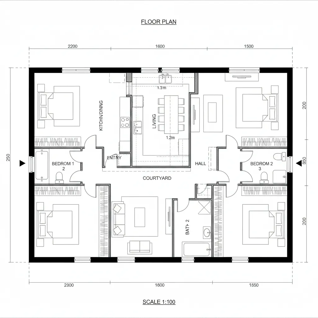 Large four bedroom house floor plan featuring a central courtyard and open dining living room area