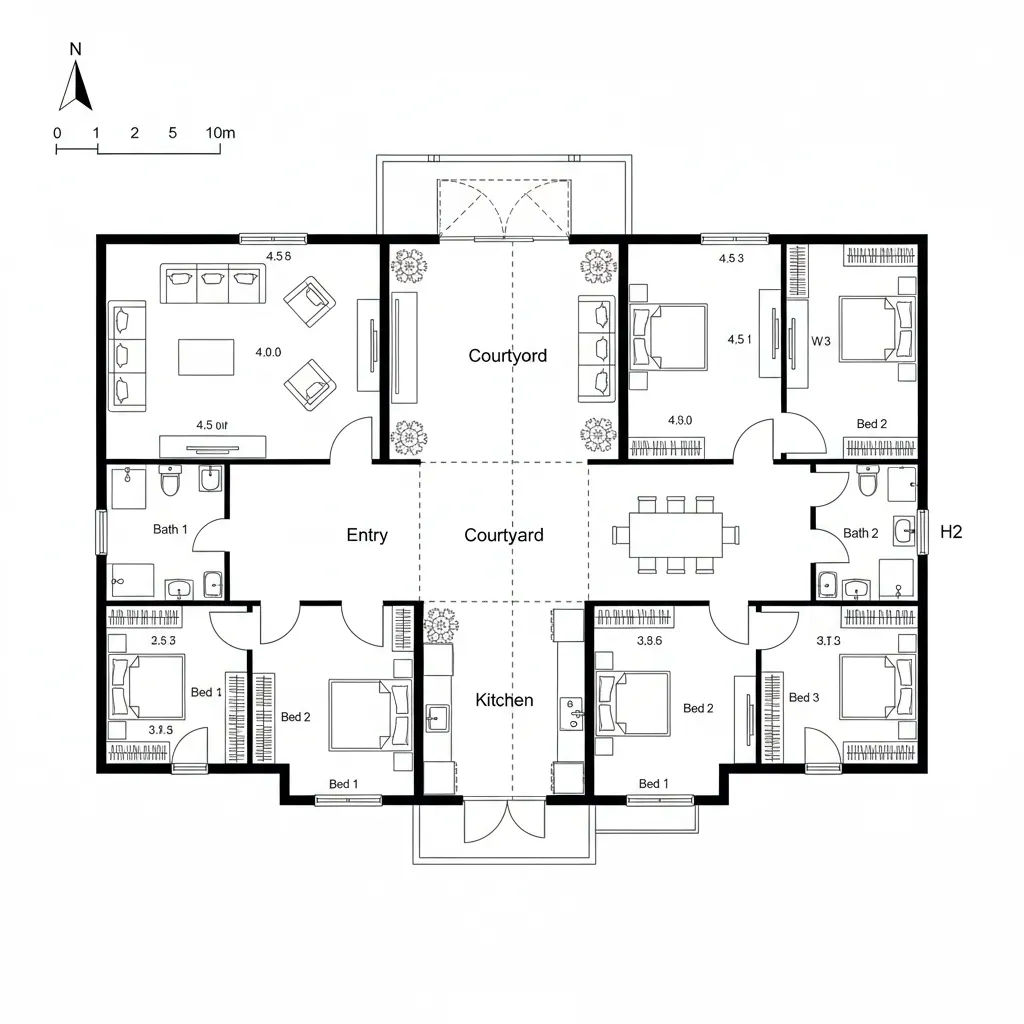 Interior design drawing showing a large floor plan with courtyard kitchen bedrooms and dining area