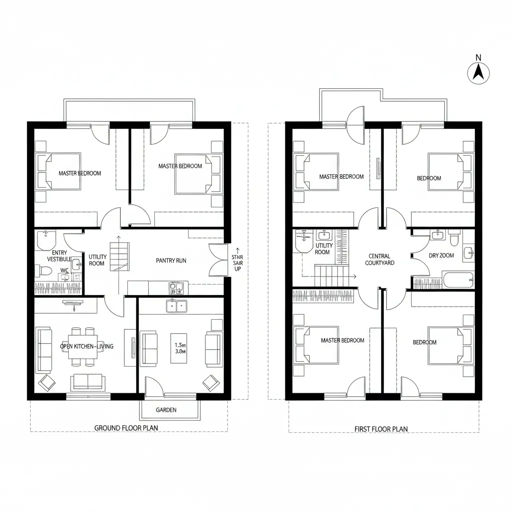 Top-down CAD plan with central courtyard, dual-aspect family core, and upstairs ring of four bedrooms
