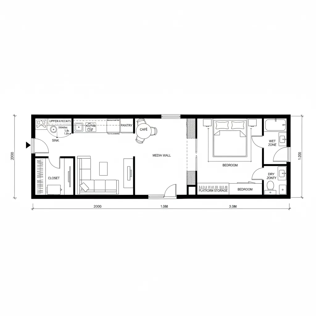 Top-down CAD plan of linear one-bedroom around a micro courtyard