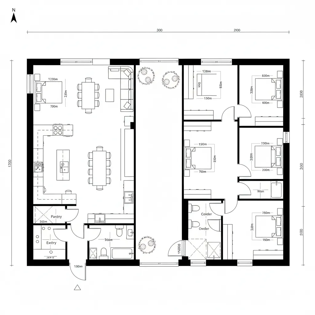 Black and white interior design drawing showing kitchen dining area central courtyard and four bedrooms