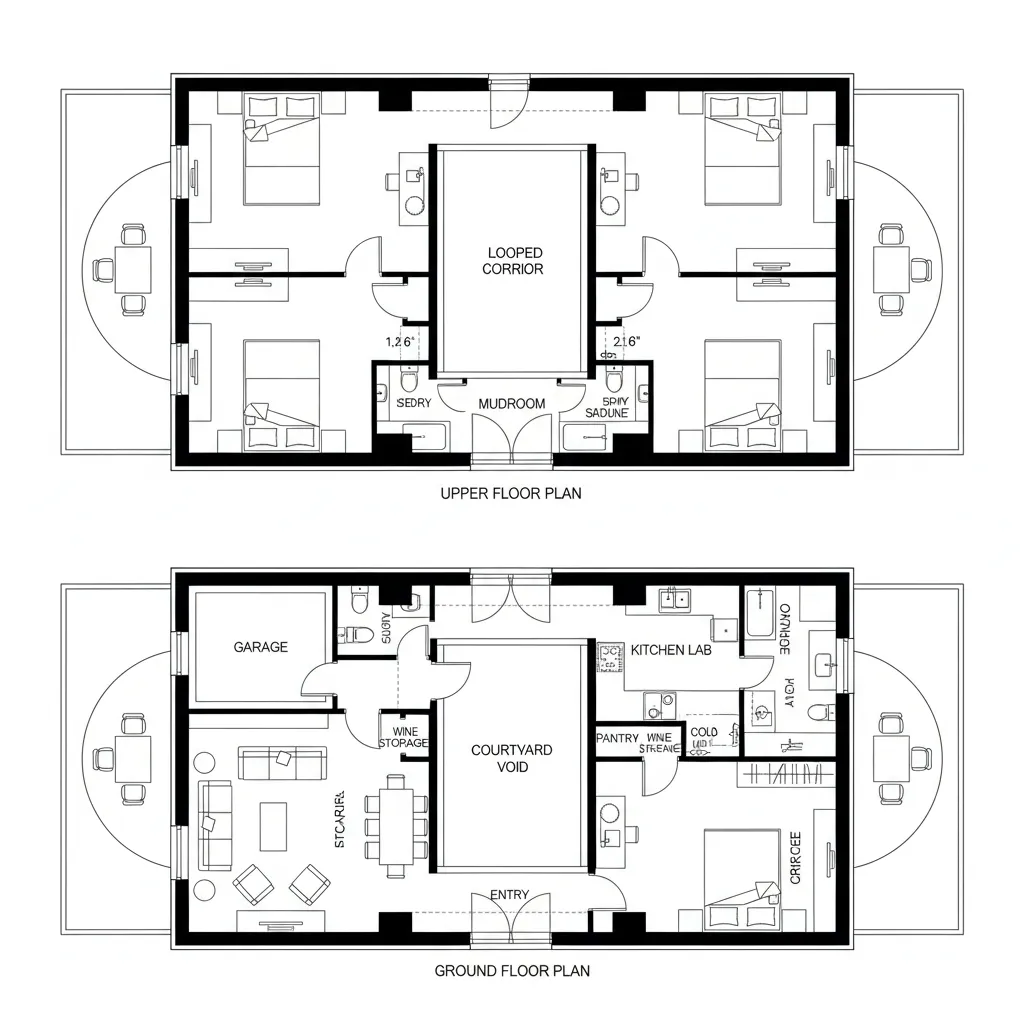 Two level house floor plan showing upper and ground floor layouts with bedrooms and living areas