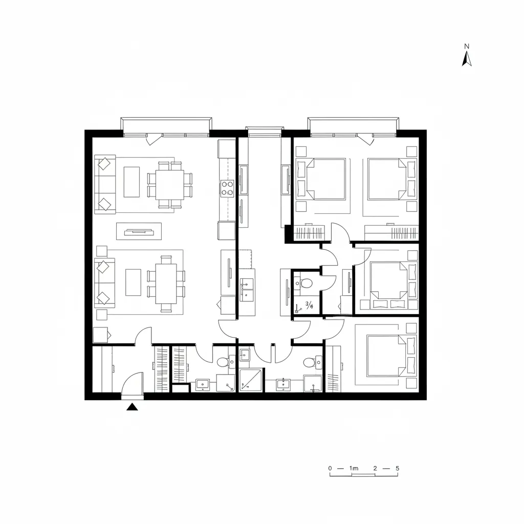 Black and white floor plan showing two living rooms three bedrooms kitchen and three full bathrooms