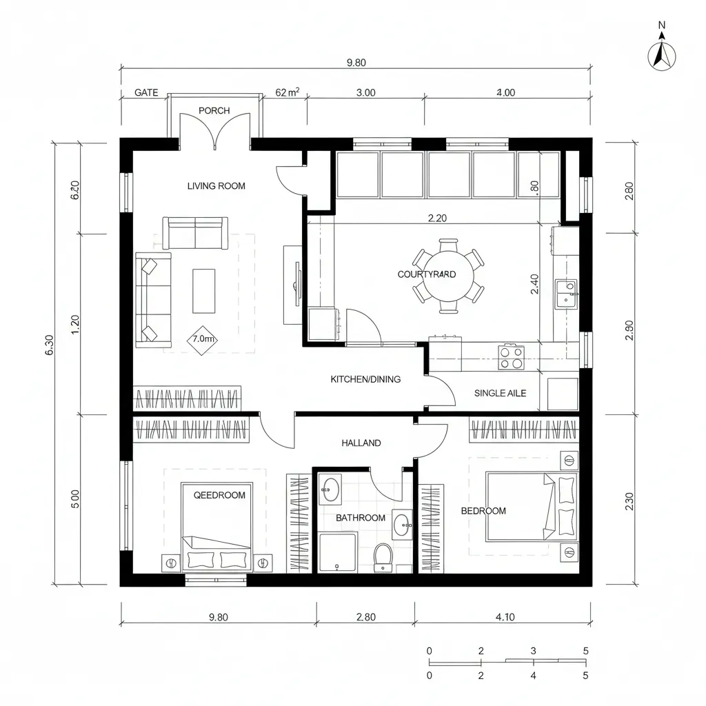 Top-down CAD plan of a one-level micro-cluster with central courtyard spine