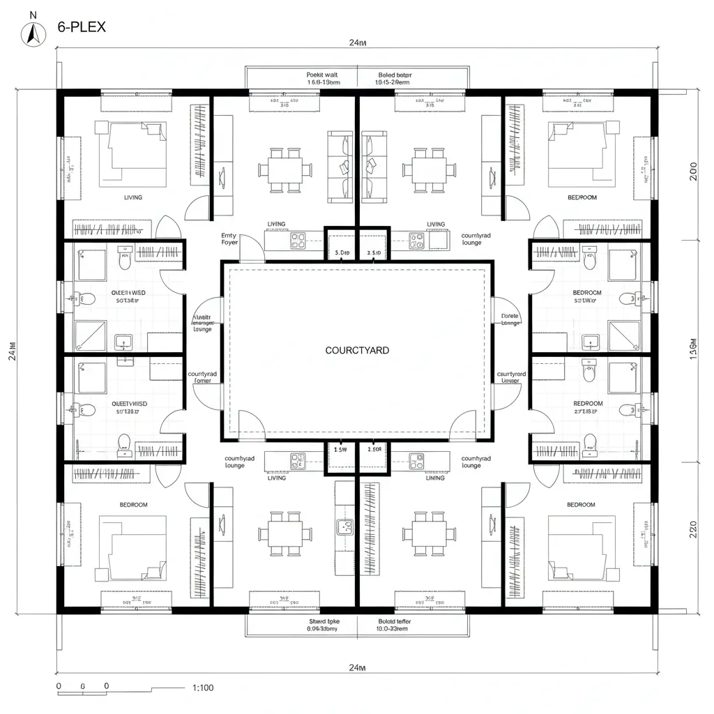 Top-down CAD plan of six units around a central courtyard spine