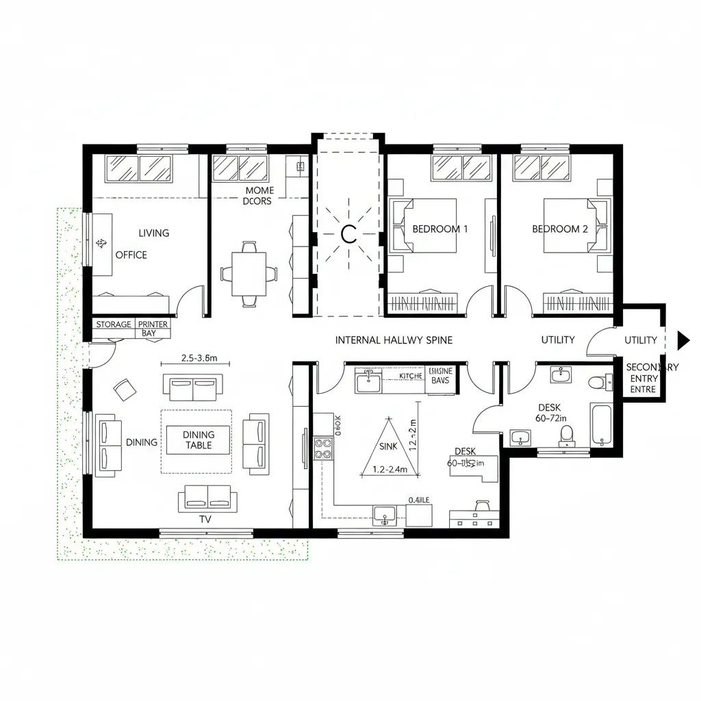 Top-down CAD plan with courtyard spine and dual entries