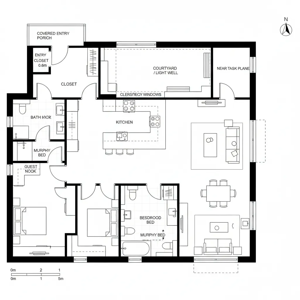 Top-down CAD plan of 2-bed with internal courtyard spine and guest nook around light well