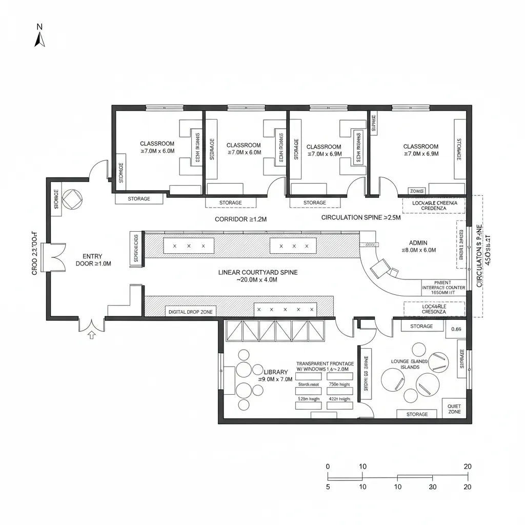 Top-down CAD plan of courtyard spine with library and admin anchors