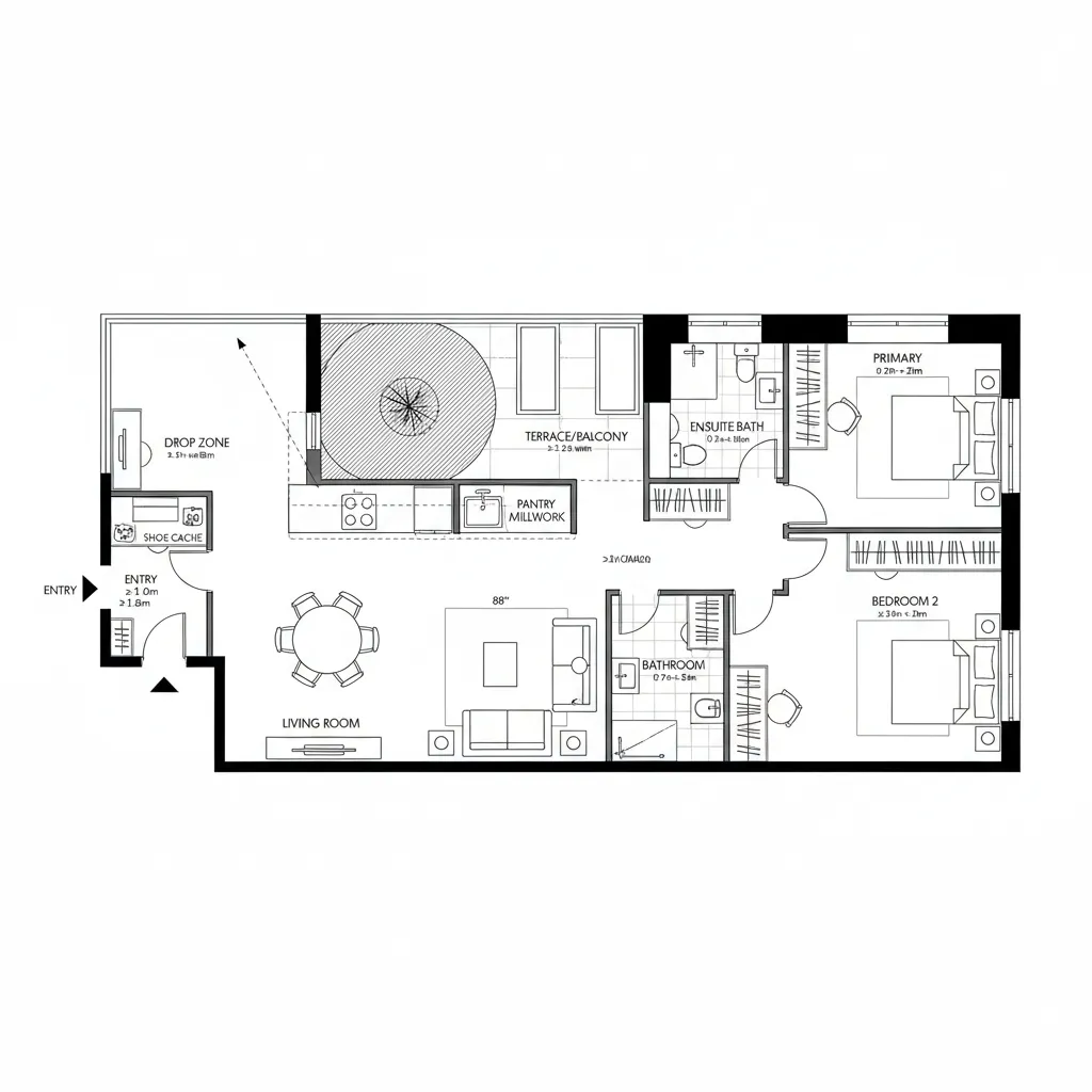 Top-down CAD plan of a courtyard spine apartment with linear public core and branching bedrooms