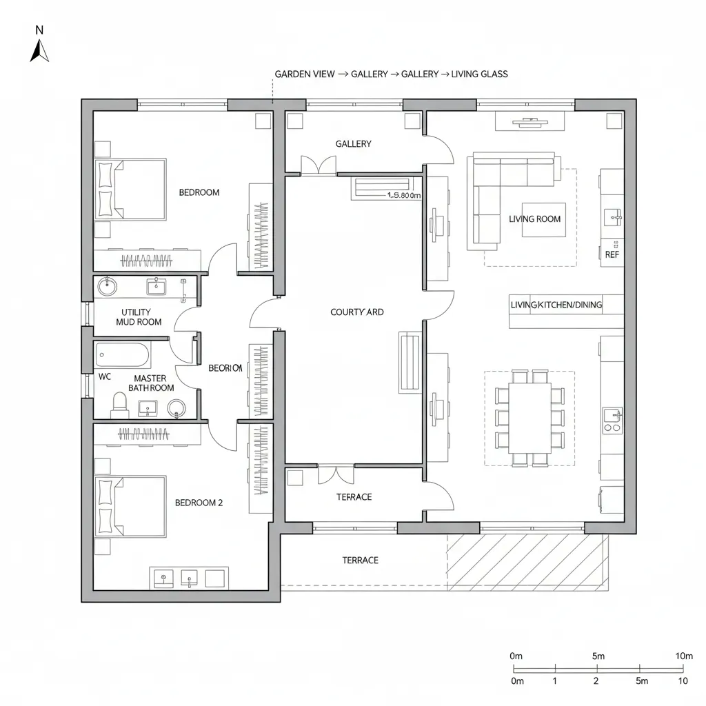 Top-down CAD plan with central courtyard spine and perimeter rooms