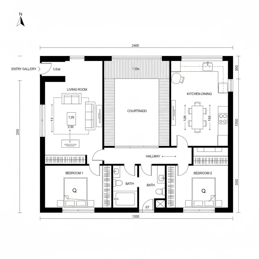 Top-down CAD plan of courtyard spine home with cross-ventilation