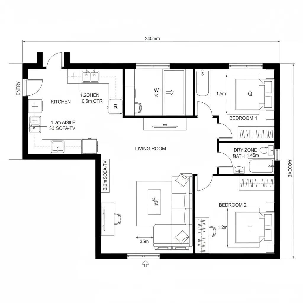 Two bedroom house plan drawing with open kitchen large living room balcony and two separate bathrooms