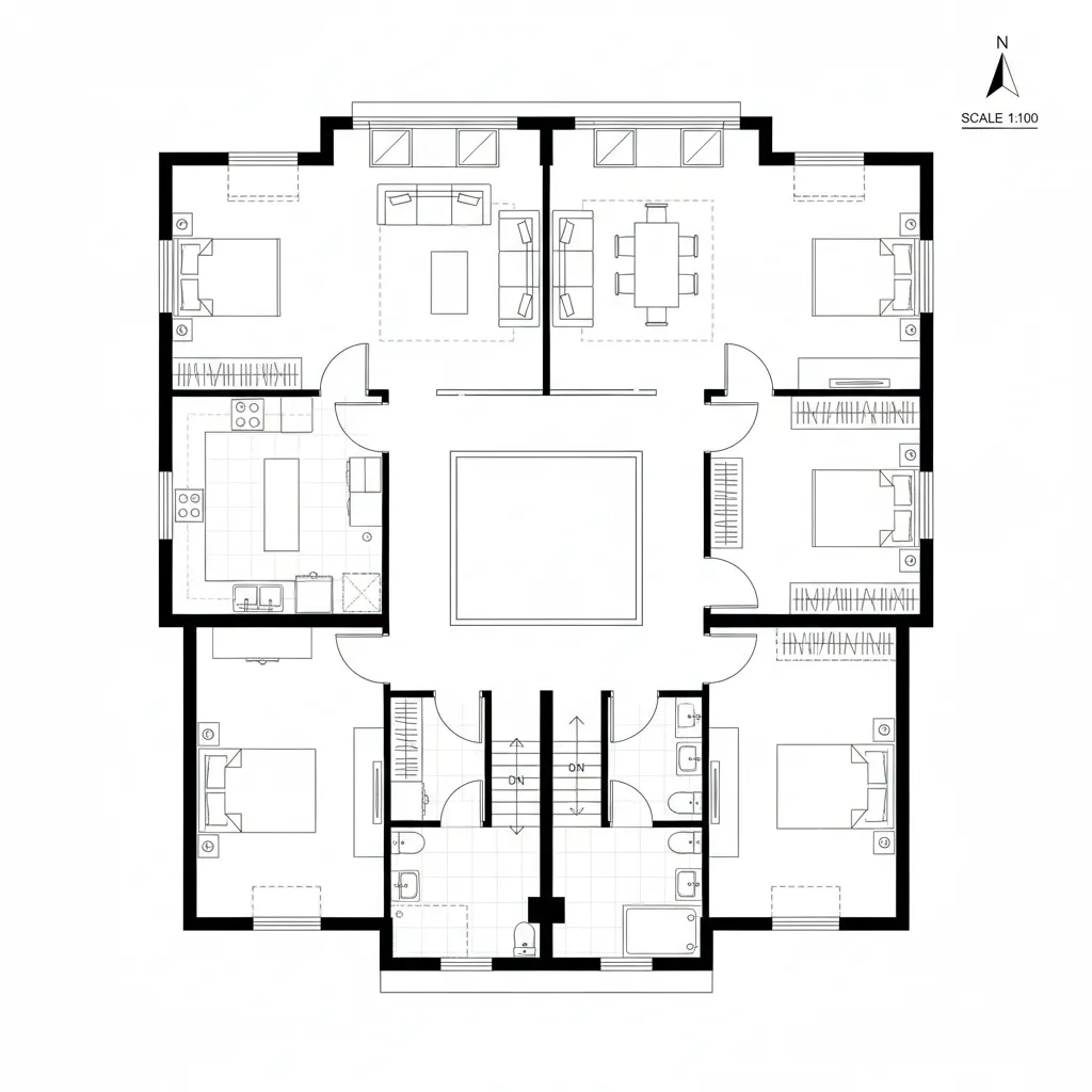 2D CAD plan with central courtyard spine, looping corridor, and basement with dual light wells and media wall