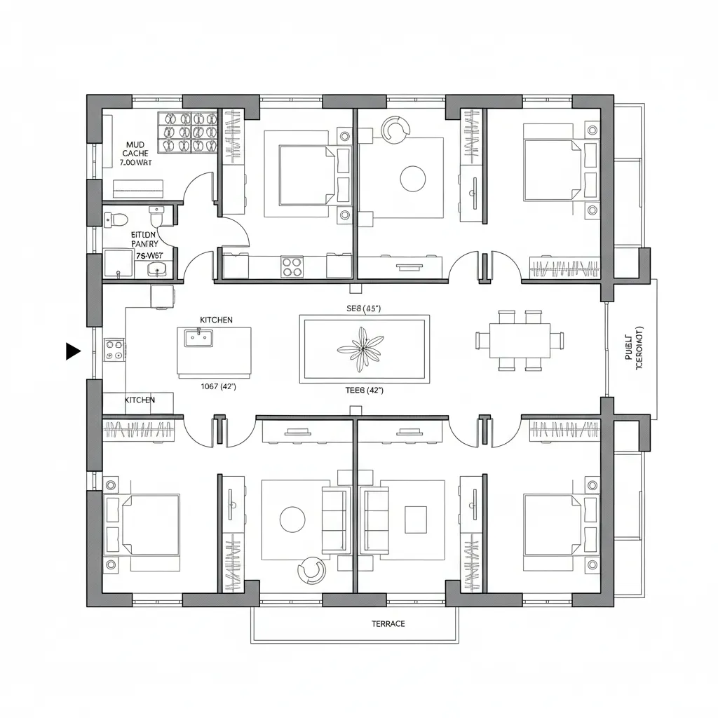 Black and white floor plan showing a large house layout with kitchen bedrooms and dining area