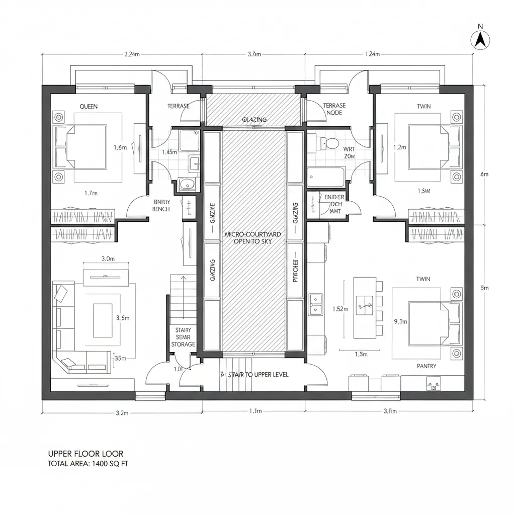Upper floor house plan showing three bedrooms a central courtyard with glass windows and outdoor terraces